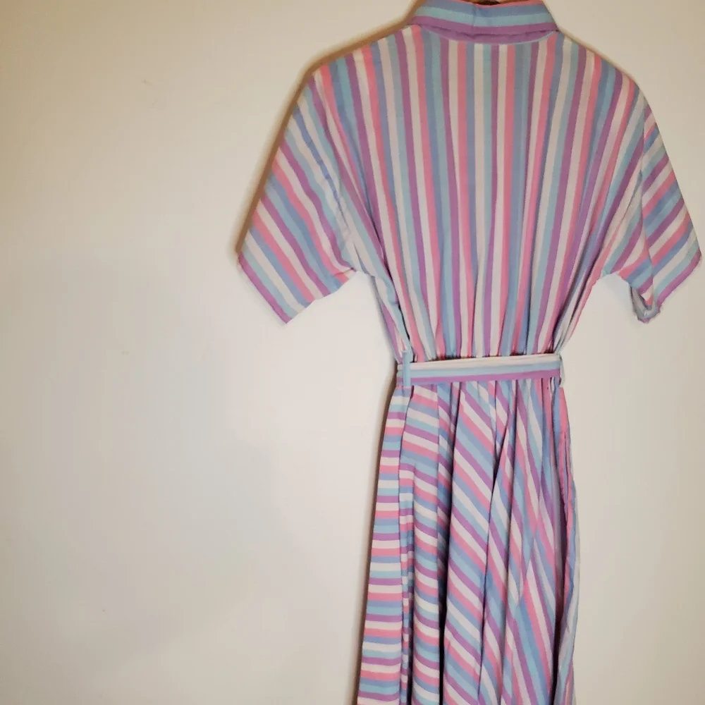 Pink Bubblegum White, Blue and Purple Striped 80s Short Sleeve Shirt Dress - Picture 5 of 15